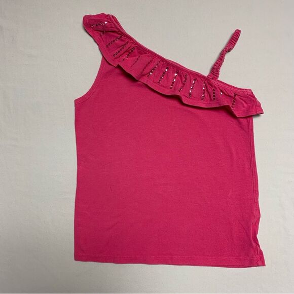 Pink Sequin Tank Top One Shoulder Girl’s 6 Ruffle Fuchsia Fall School Play Fun - Picture 1 of 7